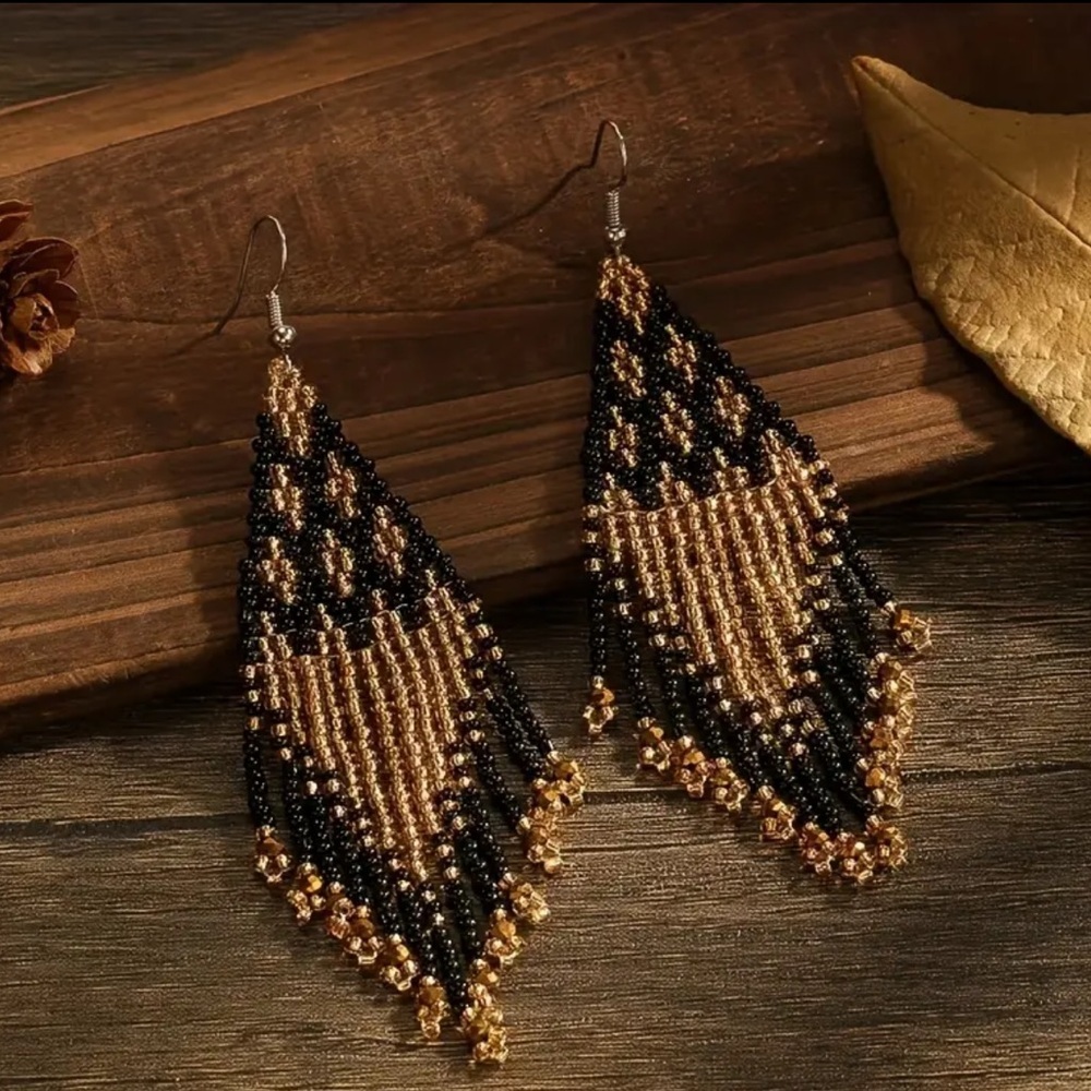 Diamond-Shaped Beaded Tassel Earrings
